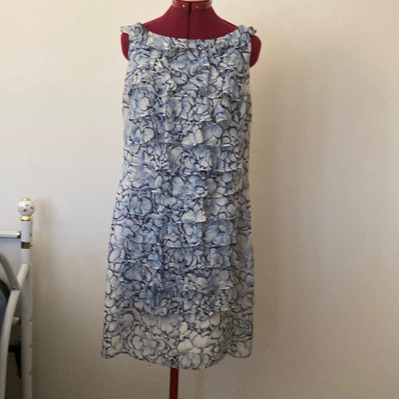 Adrianna Papell blue & cream floral front ruffled lined sleeveless dress size 14 - Picture 1 of 9